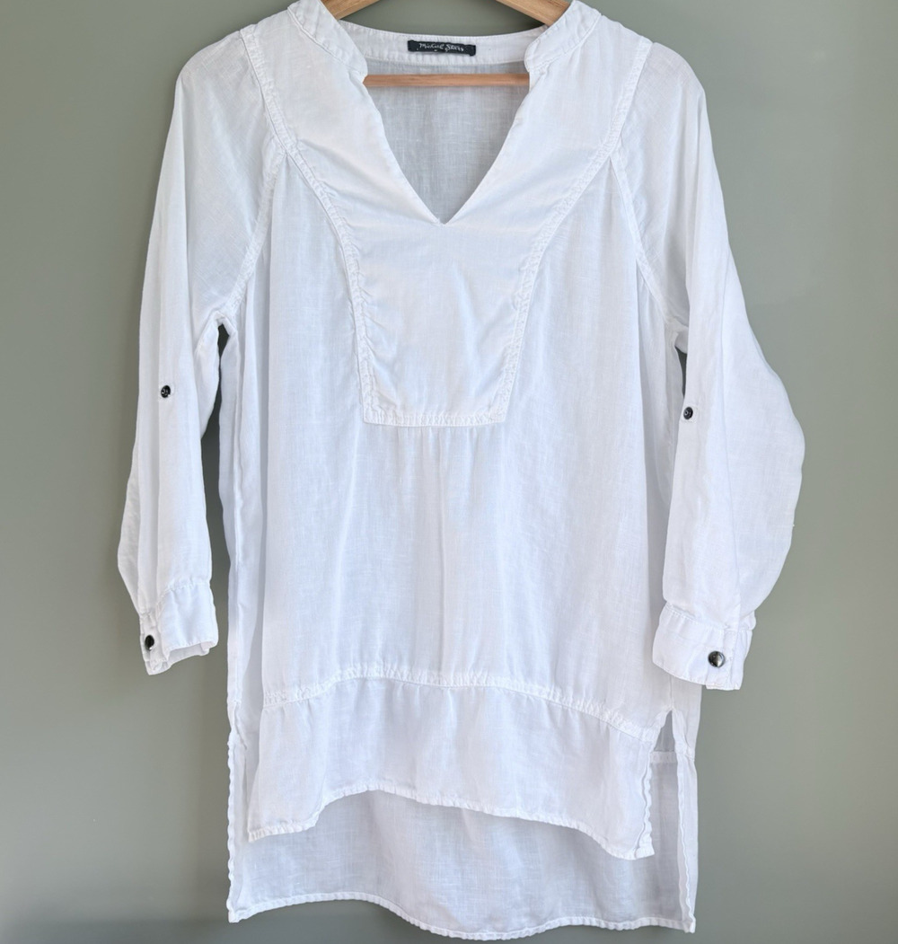 MICHAEL STARS White Linen Popover Tunic Long Sleeve V-Neck High Low Hem Boho